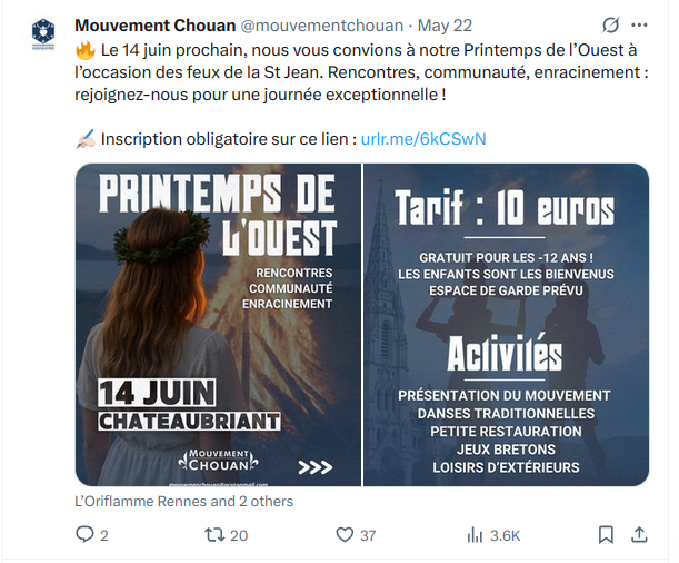 Capture du compte X du Mouvement Chouan annonçant la tenue d'un "Printemps de l'ouest" le 14 juin à Châteaubriant.