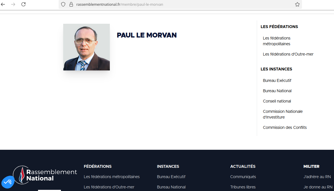 Fiche de Paul Le Morvan sur le site du RN, Capture réailsée le 16 juin 2025.