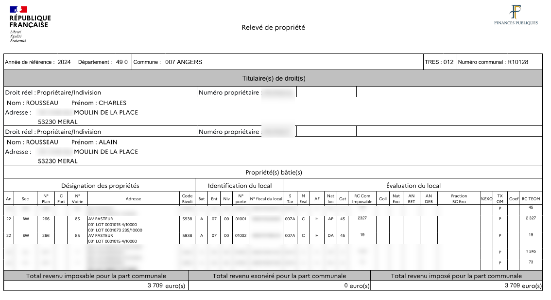 Capture du relevé de propriété du 85 avenue Pasteur à Angers