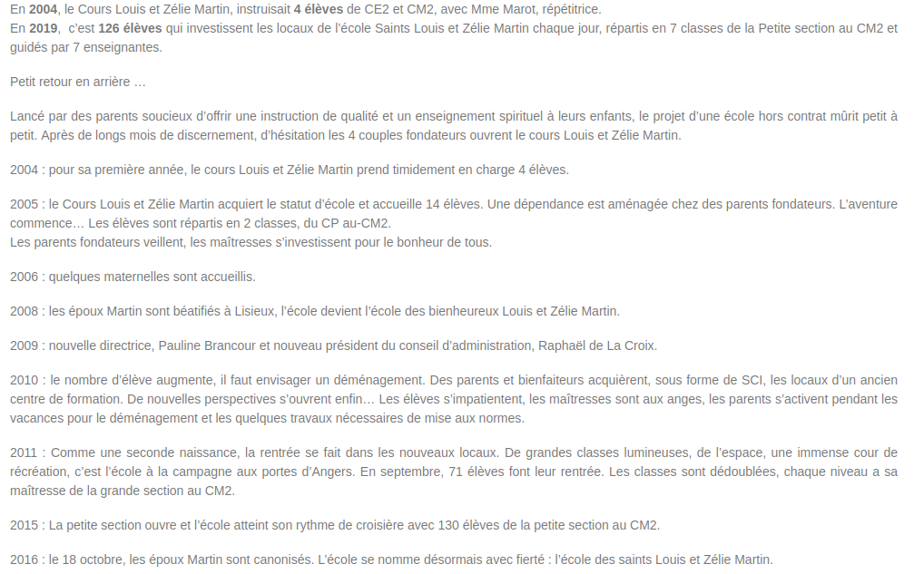 Copie du texte de la capture disponible au moment où nous mettons en ligne à cette adresse :
https://www.louisetzeliemartin.org/historique-de-creation/
En 2004, le Cours Louis et Zélie Martin, instruisait 4 élèves de CE2 et CM2, avec Mme Marot, répétitrice.
En 2019, c’est 126 élèves qui investissent les locaux de l’école Saints Louis et Zélie Martin chaque jour, répartis en 7 classes de la Petite section au CM2 et guidés par 7 enseignantes.
Petit retour en arrière …
Lancé par des parents soucieux d’offrir une instruction de qualité et un enseignement spirituel à leurs enfants, le projet d’une école hors contrat mûrit petit à petit. Après de longs mois de discernement, d’hésitation les 4 couples fondateurs ouvrent le cours Louis et Zélie Martin.
2004 : pour sa première année, le cours Louis et Zélie Martin prend timidement en charge 4 élèves.
2005 : le Cours Louis et Zélie Martin acquiert le statut d’école et accueille 14 élèves. Une dépendance est aménagée chez des parents fondateurs. L’aventure commence… Les élèves sont répartis en 2 classes, du CP au-CM2.
Les parents fondateurs veillent, les maîtresses s’investissent pour le bonheur de tous.
2006 : quelques maternelles sont accueillis.
2008 : les époux Martin sont béatifiés à Lisieux, l’école devient l’école des bienheureux Louis et Zélie Martin.
2009 : nouvelle directrice, Pauline Brancour et nouveau président du conseil d’administration, Raphaël de La Croix.
2010 : le nombre d’élève augmente, il faut envisager un déménagement. Des parents et bienfaiteurs acquièrent, sous forme de SCI, les locaux d’un ancien centre de formation. De nouvelles perspectives s’ouvrent enfin… Les élèves s’impatientent, les maîtresses sont aux anges, les parents s’activent pendant les vacances pour le déménagement et les quelques travaux nécessaires de mise aux normes.
2011 : Comme une seconde naissance, la rentrée se fait dans les nouveaux locaux. De grandes classes lumineuses, de l’espace, une immense cour de récréation, c’est l’école à la campagne aux portes d’Angers. En septembre, 71 élèves font leur rentrée. Les classes sont dédoublées, chaque niveau a sa maîtresse de la grande section au CM2.
2015 : La petite section ouvre et l’école atteint son rythme de croisière avec 130 élèves de la petite section au CM2.
2016 : le 18 octobre, les époux Martin sont canonisés. L’école se nomme désormais avec fierté : l’école des saints Louis et Zélie Martin.